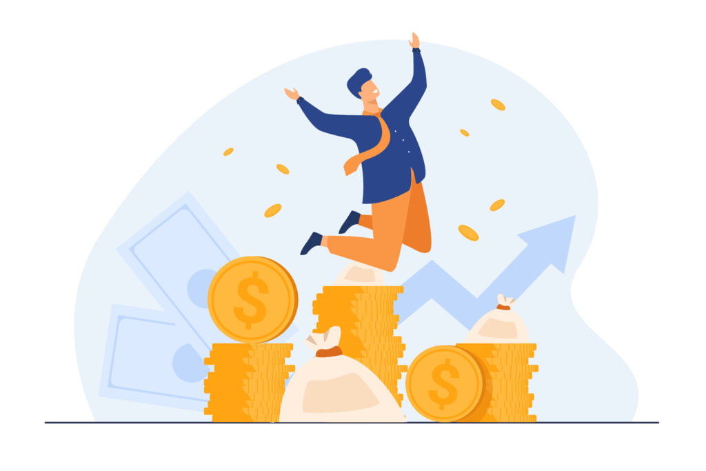 Happy rich banker celebrating income growth. Broker enjoying success in stock market trading. Flat vector illustration for money, finance, millionaire concept