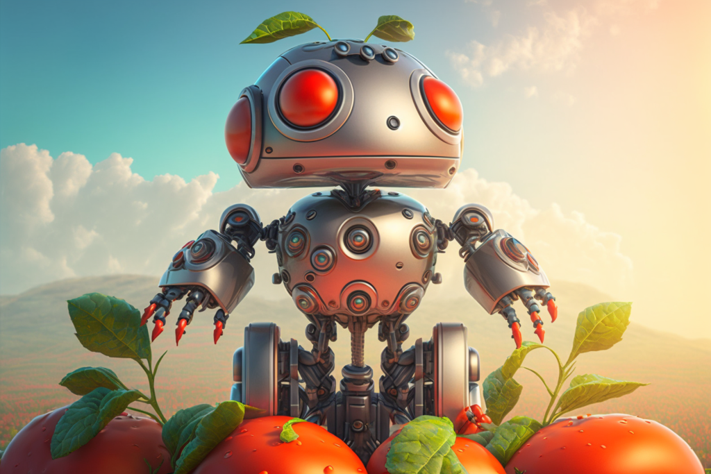 ardeay AI robot sitting on a bed of heirloom tomatatos the ai r 9c656fcd b4e8 4bfb 90d6 25458fef9d79