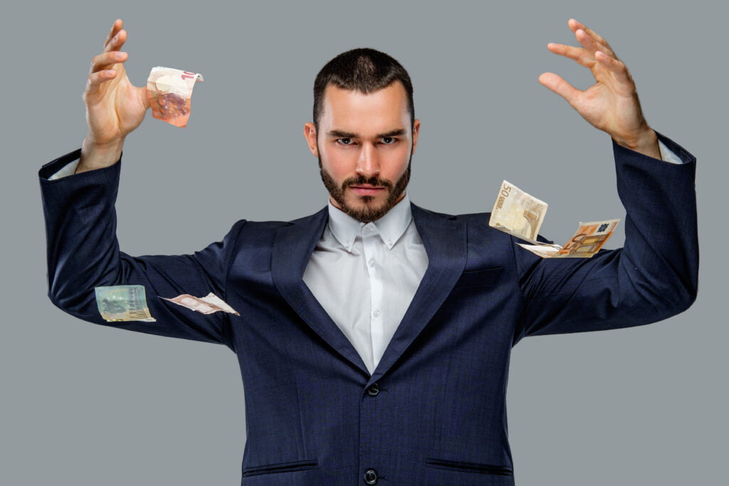 bearded male suit holding cash money isolated grey background