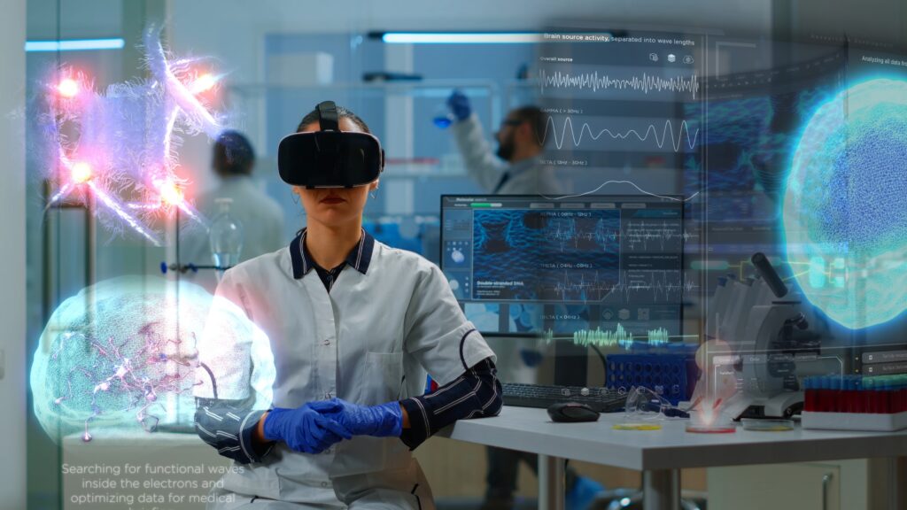 scientific specialist research lab wearing vr goggles using high tech equipment wired sensors medical study healthcare practitioner using virtual reality technology visualize datasets